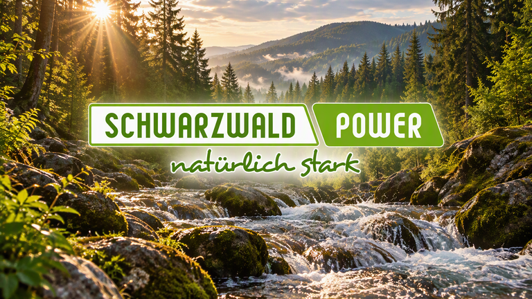 Ein klarer Bach fließt durch einen dichten Tannenwald im Sonnenuntergang, mit dem Text "Schwarzwald Power natürlich stark" in der Mitte.